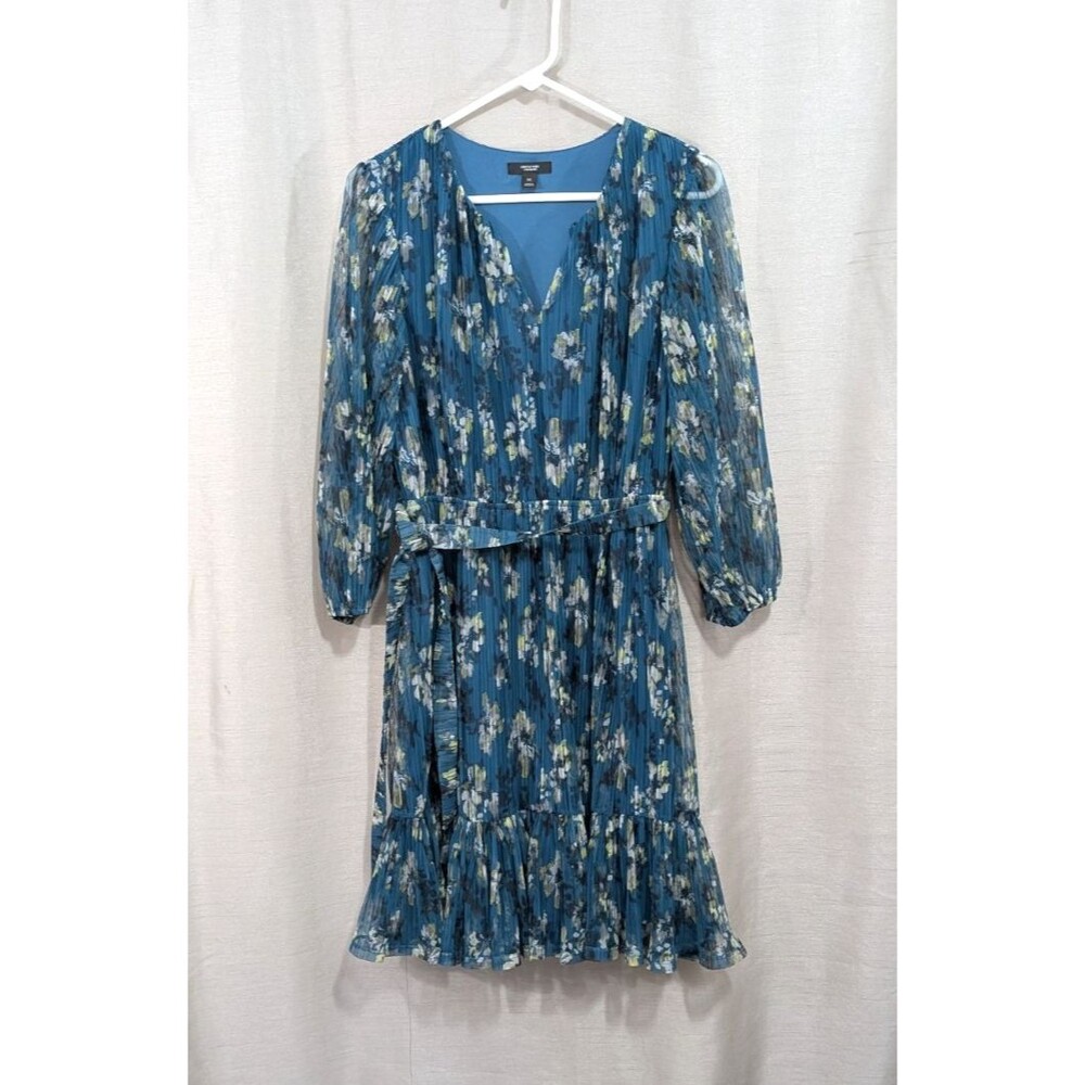 Simply Vera Wang Dress MEDIUM Teal Floral Belted Pleated Knee Length Holiday